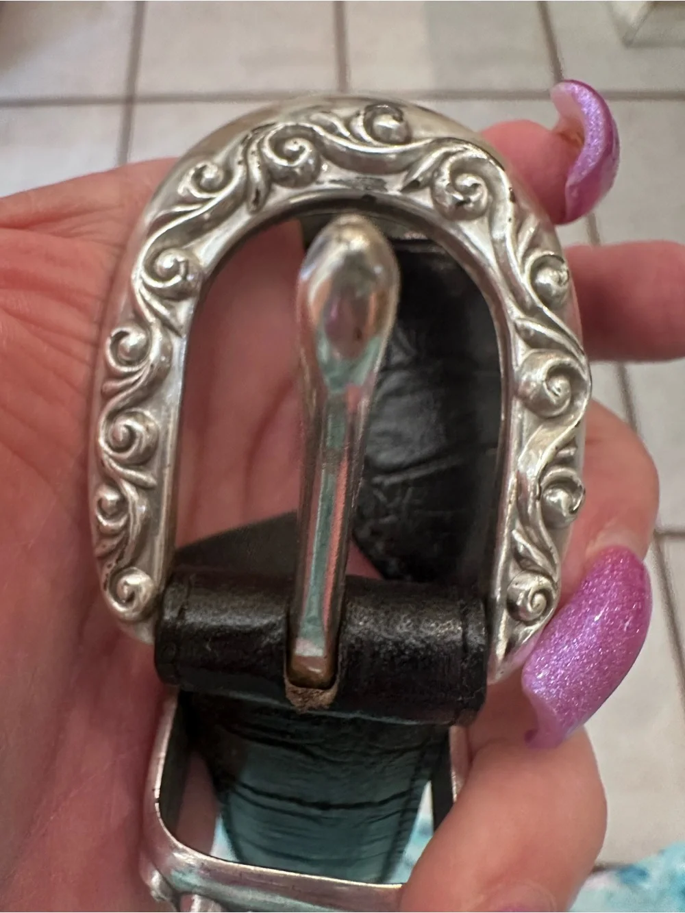 Brighton Vintage Black Leather Belt with Ornate Silver-Tone Buckle